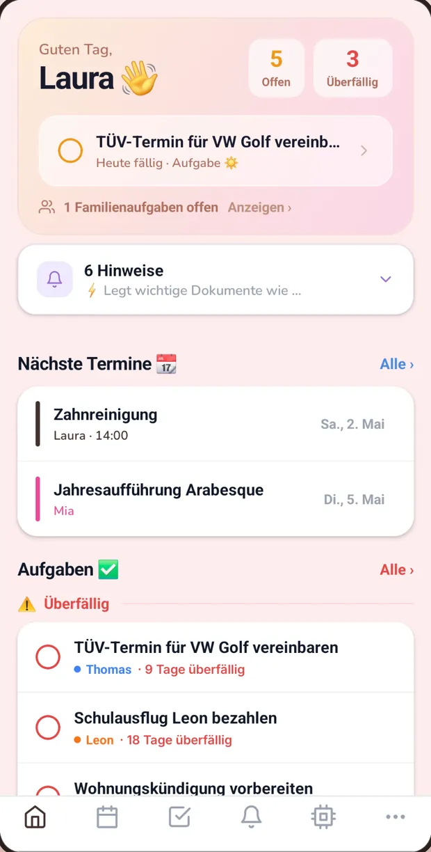 WennDannDa App: Startseite mit Terminen, Aufgaben und Hinweisen
