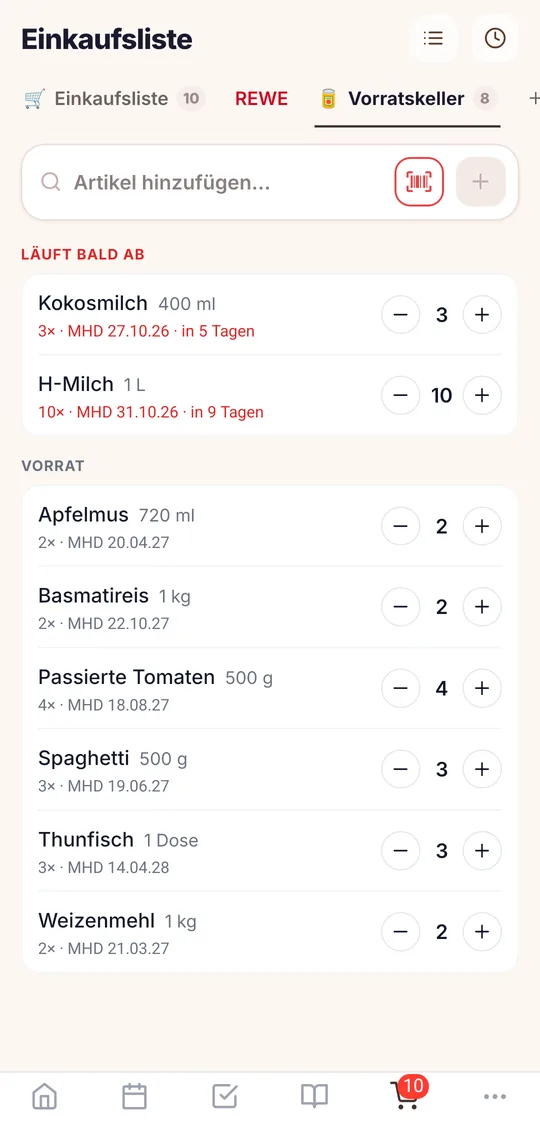 Einkaufsliste und Essensplan in der App