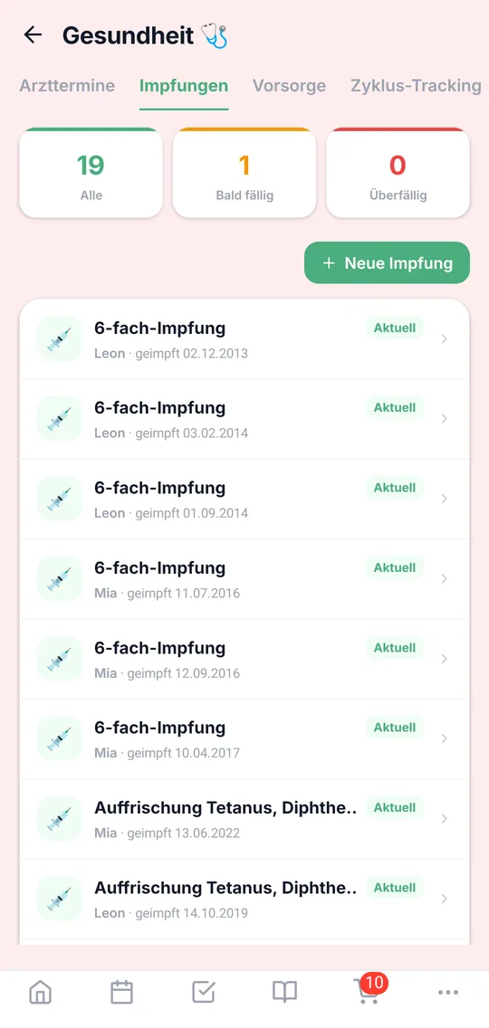 Impfkalender und Gesundheit in der App