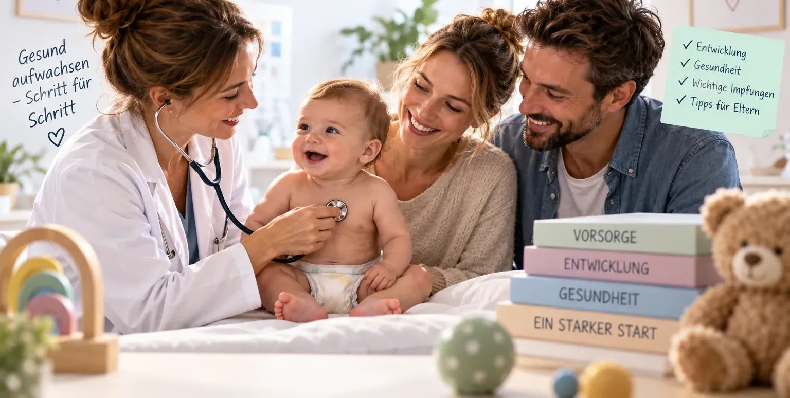 Kinderärztin hört ein lachendes Baby mit dem Stethoskop ab, die Eltern sitzen daneben